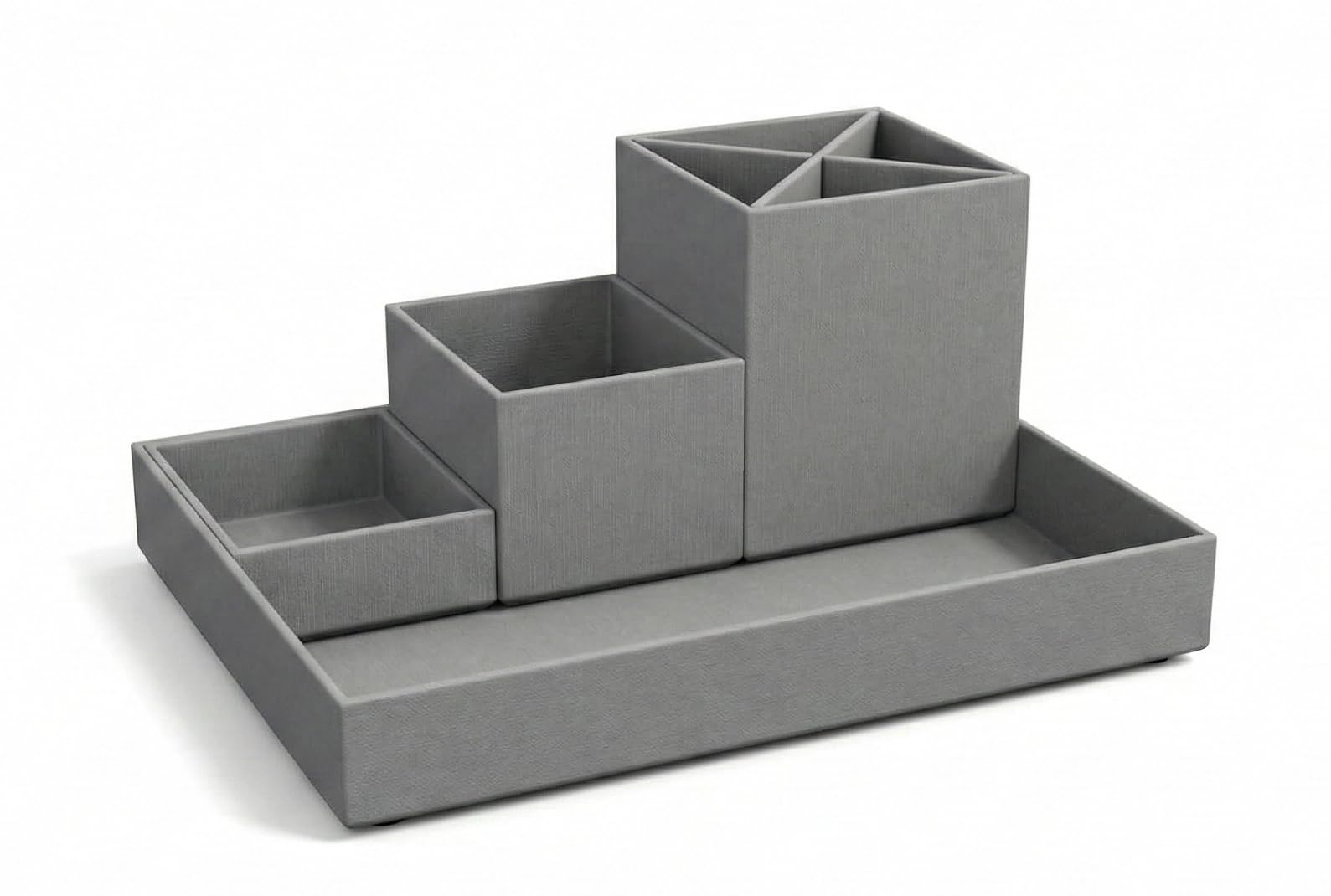 BIGSO BOX OF SWEDEN LENA Schreibtisch Organizer für Stifte, Büroklammern, Haftnotizen usw. – Sortierkasten mit 4 Fächern – Ordnungssystem aus Faserplatte und Papier in Leinenoptik – grau