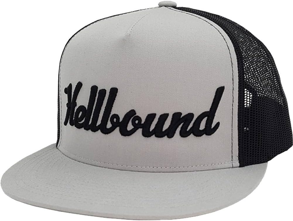 Hellbound Trucker Cap for Men – Flat Bill 5-Panel Mesh Hat – 3D Raised Hellbound Front Embroidery – Adjustable Snapback – One Size Fits Most – Bold Baseball Cap (Silver/Black)