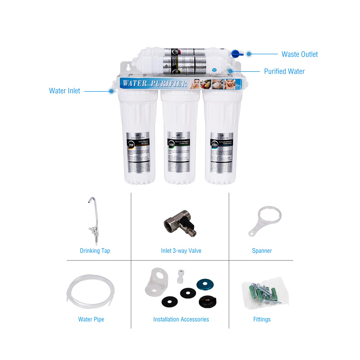 TOPWAY Sistema de Filtro de Agua Debajo del Fregadero de 5 Etapas, 0,01 Micrones Sistema de Ultrafiltración de 10"