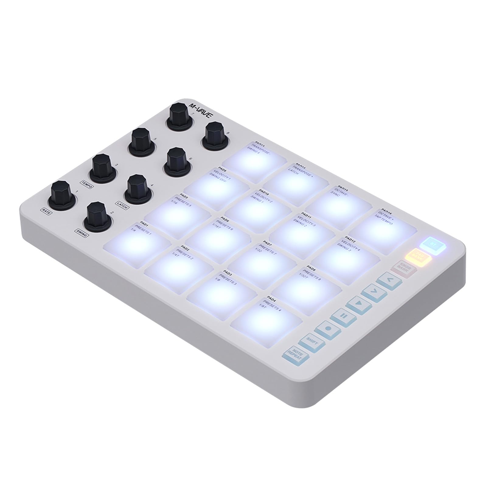 Bewinner Tragbarer Bluetooth-MIDI-Controller, 16 RGB-beleuchtete Drum-Pads mit 8 Zuweisbaren Knöpfen, Notenwiederholung, Geringe Latenz, Kabelloser MIDI-Pad-Controller für Live FL Studio Logic Pro X