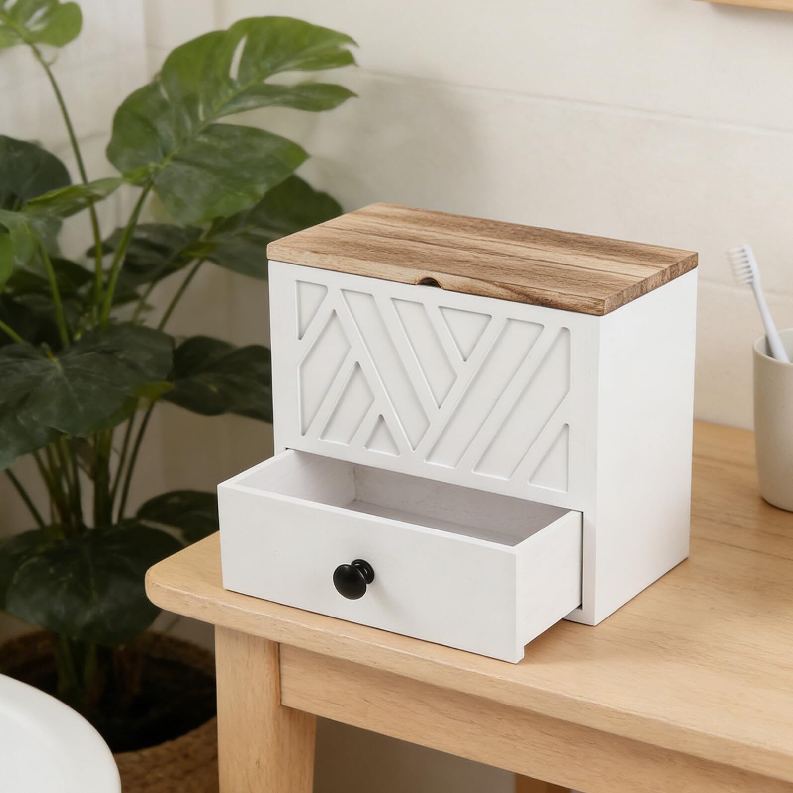 Damenhygiene Aufbewahrungsbox mit Schublade, Doppellagig | Weiß, für Badezimmer und Waschtisch, Elegante Holzmaserung, Minimalistisches Design, Praktische Entnahme