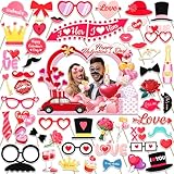 HOWAF Happy Valentine's Day Photo Booth Props,51 pcs Valentines Day Photo Props with Heart Shape Photo Frame Valentine’s Day Love Heart Selfie Props for Valentine’s Day Weeding Party Supplies