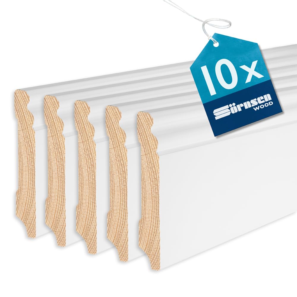 Sockelleiste Kiefer – 16x95x2400 mm, 10 Stück, weiß RAL 9016 lackiert