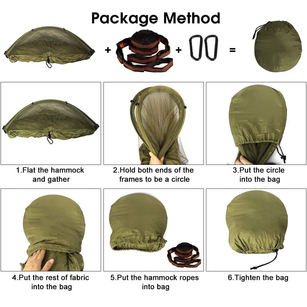 Hamak Kempingowy z Moskitierą, Przenośny Namiot Hamakowy Podróżny, Lekki Hamak Podróżny 2 w 1, na Patio Piesze Wycieczki Podróże (Color : Army green, Size : 290x140cm)