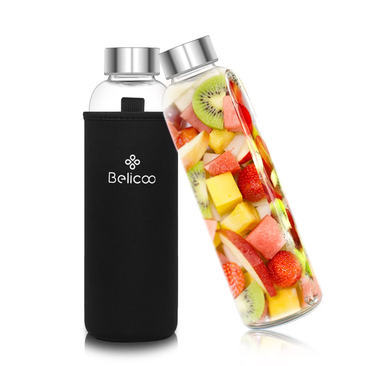 BELICOO BPA-Free Glass Water Bottle 550ml/18oz Borosilicate 550 ml, Black