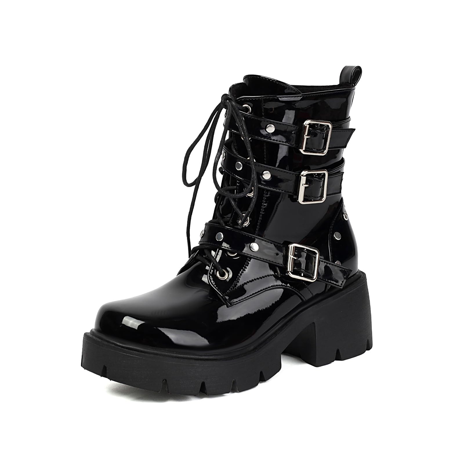 Botas Mujer Plataforma Estilo Gótico Punk, Negro con Hebillas y Cordones, Suela Gruesa Antideslizante, Botines Militares de Tacón Cuadrado