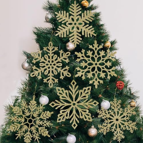 Image of 6pcs Large Gold Snowflakes Christmas Ornaments- 12" Big Plastic Glitter Hanging Snow Flakes for Christmas Tree Decorations Winter Indoor Outdoor Window Home Decor Giant Craft Snowflakes
