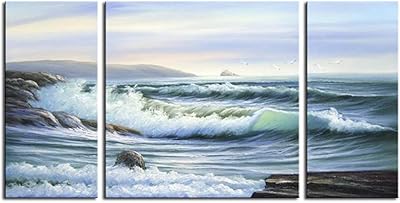 Noah Art-Modern Seascape Art, Blue Ocean Waves Artwork 100% Hand Painted Seascape Paintings on Canvas, Large 3 Panel Stretched Seascape Wall Art for Living Room Wall Decor, 24" H x 48" W