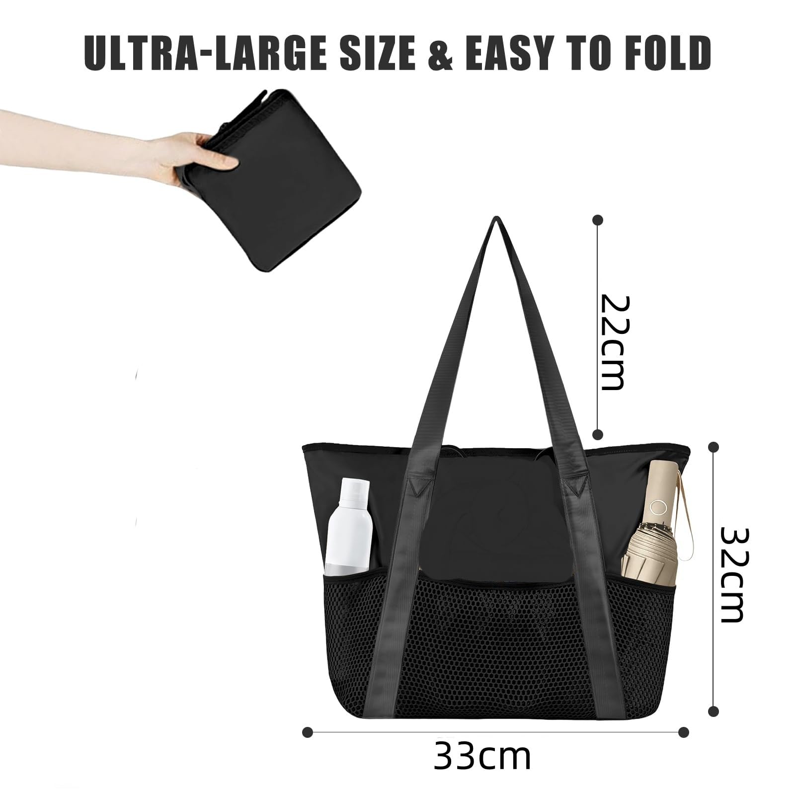 Sac de Plage Sac Fourre Tout Voyage Tote Bag Piscine Avec Fermeture Éclair Cabas de Voyage Accessoire Plage Pliable Et Léger Beach Travel Bag Gym Cabas Femme