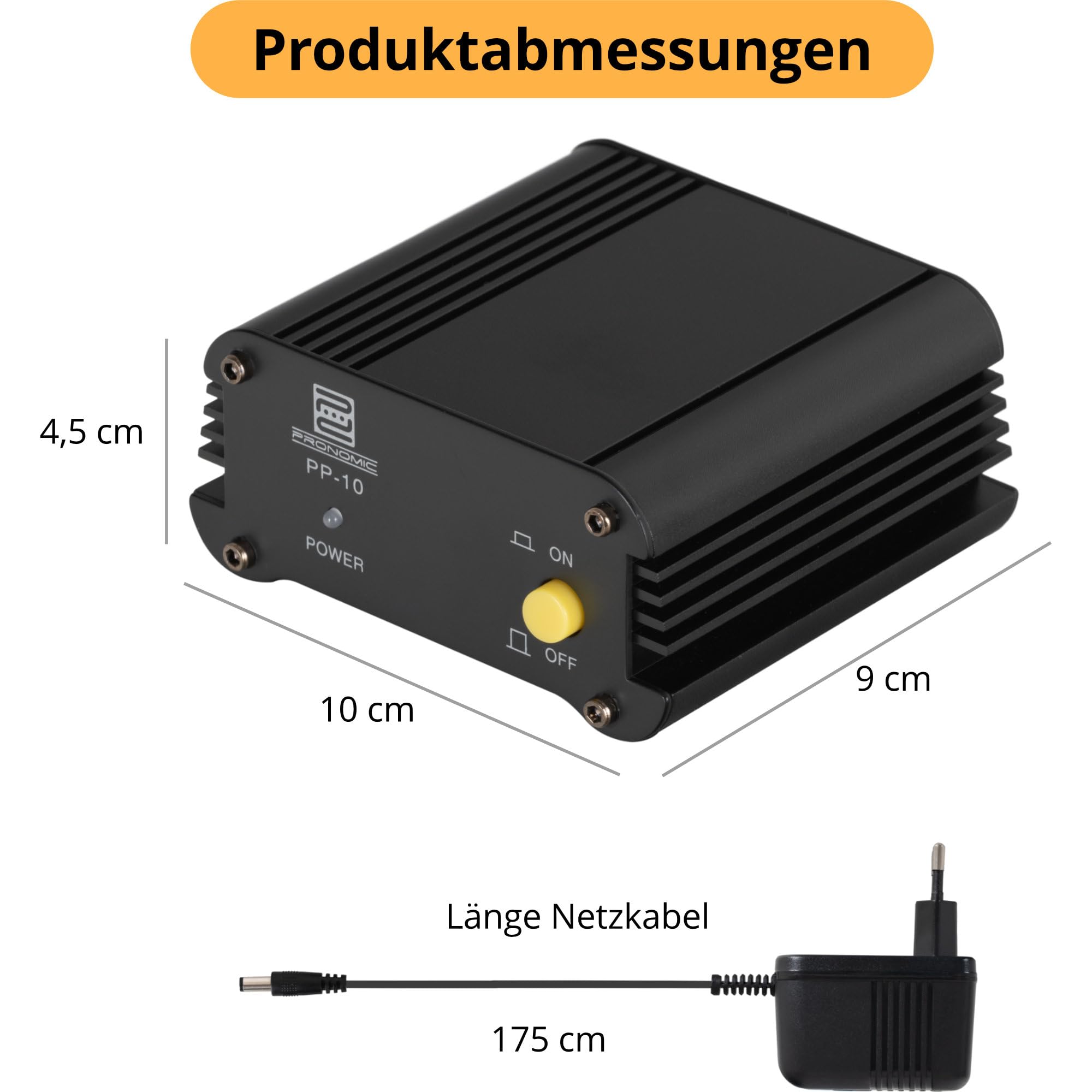 Adaptador de alimentación Phantom Pronomic PP-10 (para 1 micrófono de Condensador, Compacto, Robusto, Incluye Fuente de alimentación) Negro