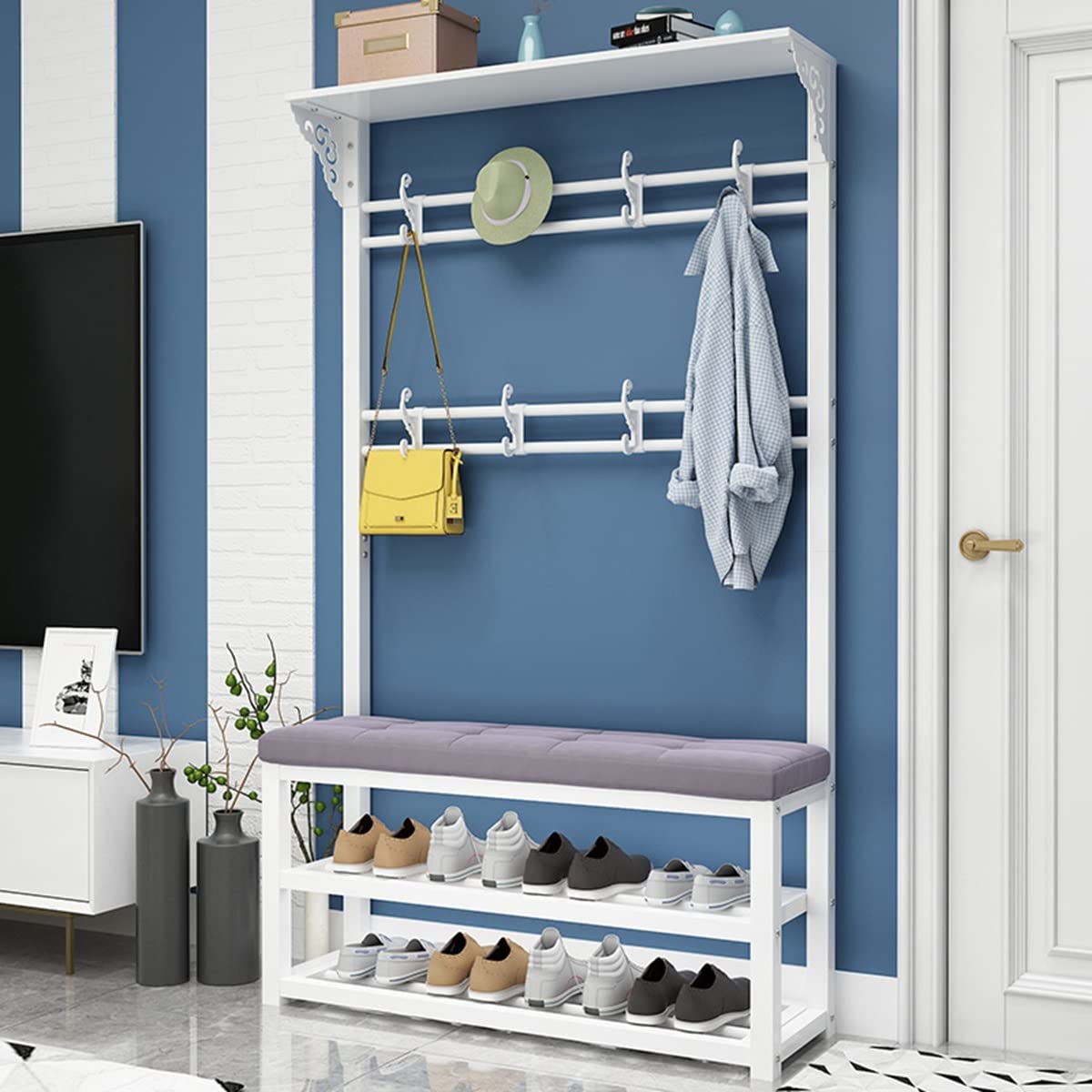 Garment Rail Exquisite Clothes Rail Rack Coat Rack With Shoe Bench For Entryway 3-In-1 Design Industrial Accent Furniture