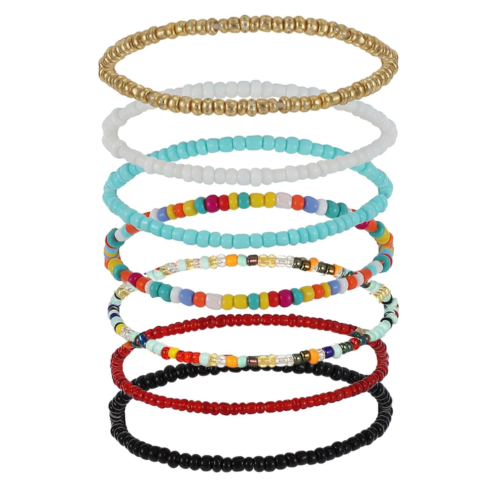 7 Pcs Boho Anklets Bracelet, Anklets Colorful Multilayered, Elastic Foot and Hand Chain Jewelry, Handmade Beaded Anklet, Beads Foot Jewelry for Women Girls Ladies