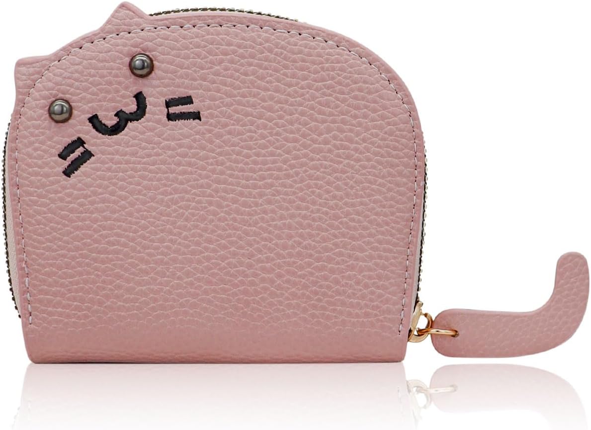 Cedit Card Holder, Accordian Credit Card Wallet for Women with 11 Slots, Cute Cat Leather Card Holder (Pink)