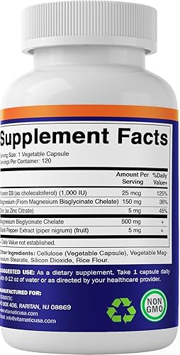 Miniatura 5 de Vitamatic Bisglicinato de magnesio 500 mg - 120 cápsulas vegetarianas - Zinc, vitamina D3 y pimienta negra añadida - Apoya la salud muscular,