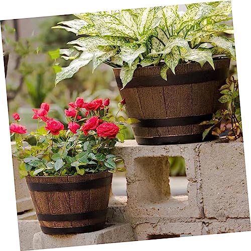 CIMAXIC Planter Pot Container Barrel Flower Pot Wine Barrel Planter Rustic Flower Pot Outdoor Planter Round Flower Planter Garden Flower Barrels Resin Tree Pattern Imitation Wooden Barrel