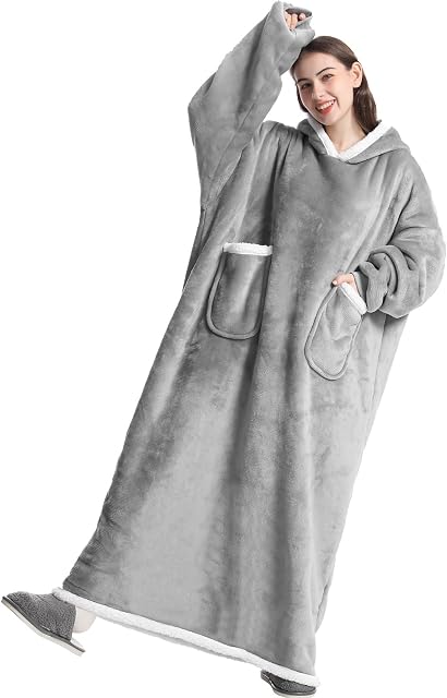 Emwwat Extra Long Hoodie Blanket, Oversized Sherpa Hoodie Blanket for Women and Men, Wearable Blanket Hoodie with Sleeves and Giant Pocket (Grey, 150 Long)