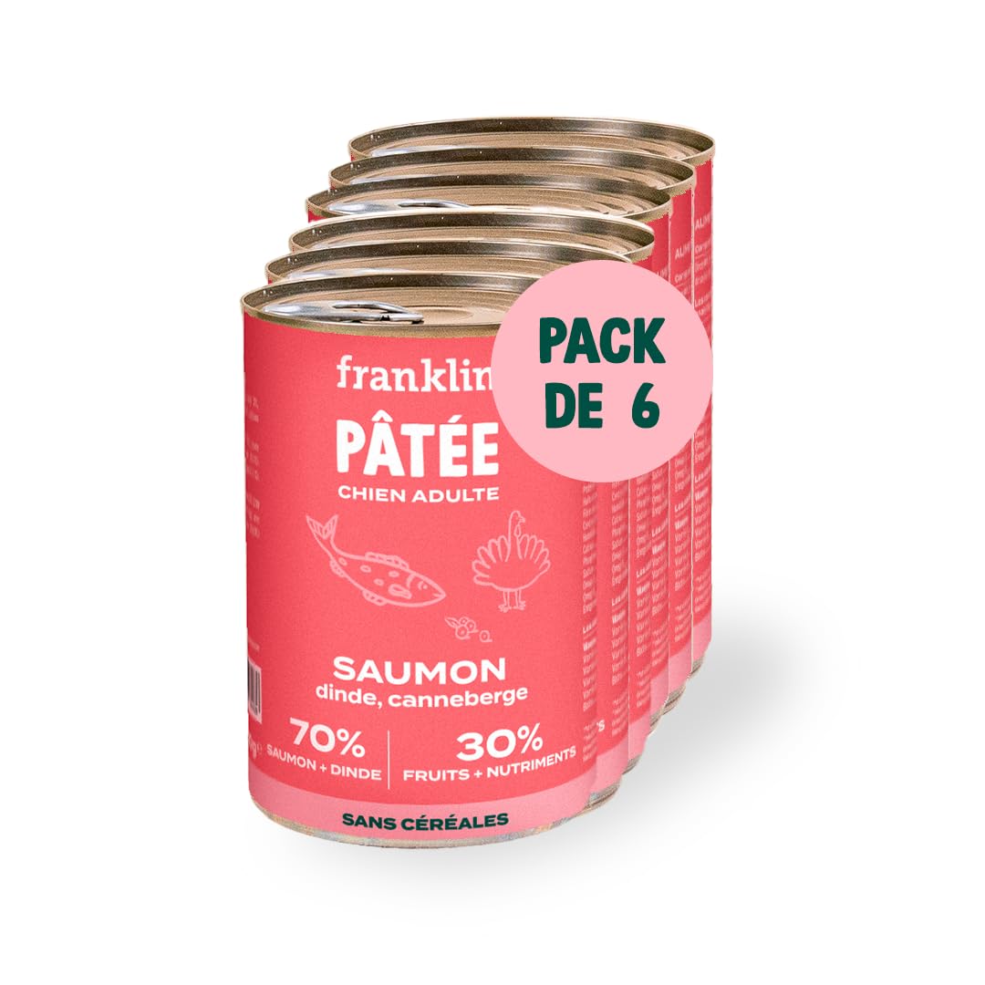 FRANKLIN – Patée pour Chien – Lot 6x400g – 70% de Saumon et Dinde – Riche en Protéines – Contrôle du Poids – Brillance du Poils – Digestion Facile