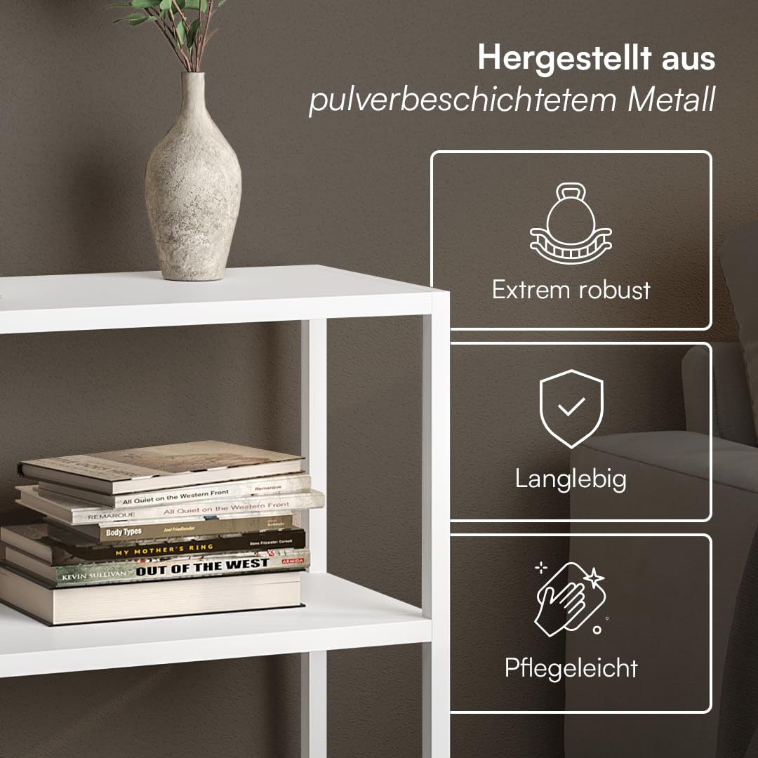 skølm Skadi Konsolentisch schmal aus Metall – Schmales Regal Weiß – Flurtisch mit 2 Ablagen – Beistelltisch mit verstellbaren Füßen - Sofatisch Flur/Wohnzimmer – Metallregal 80x28x80cm – Console table