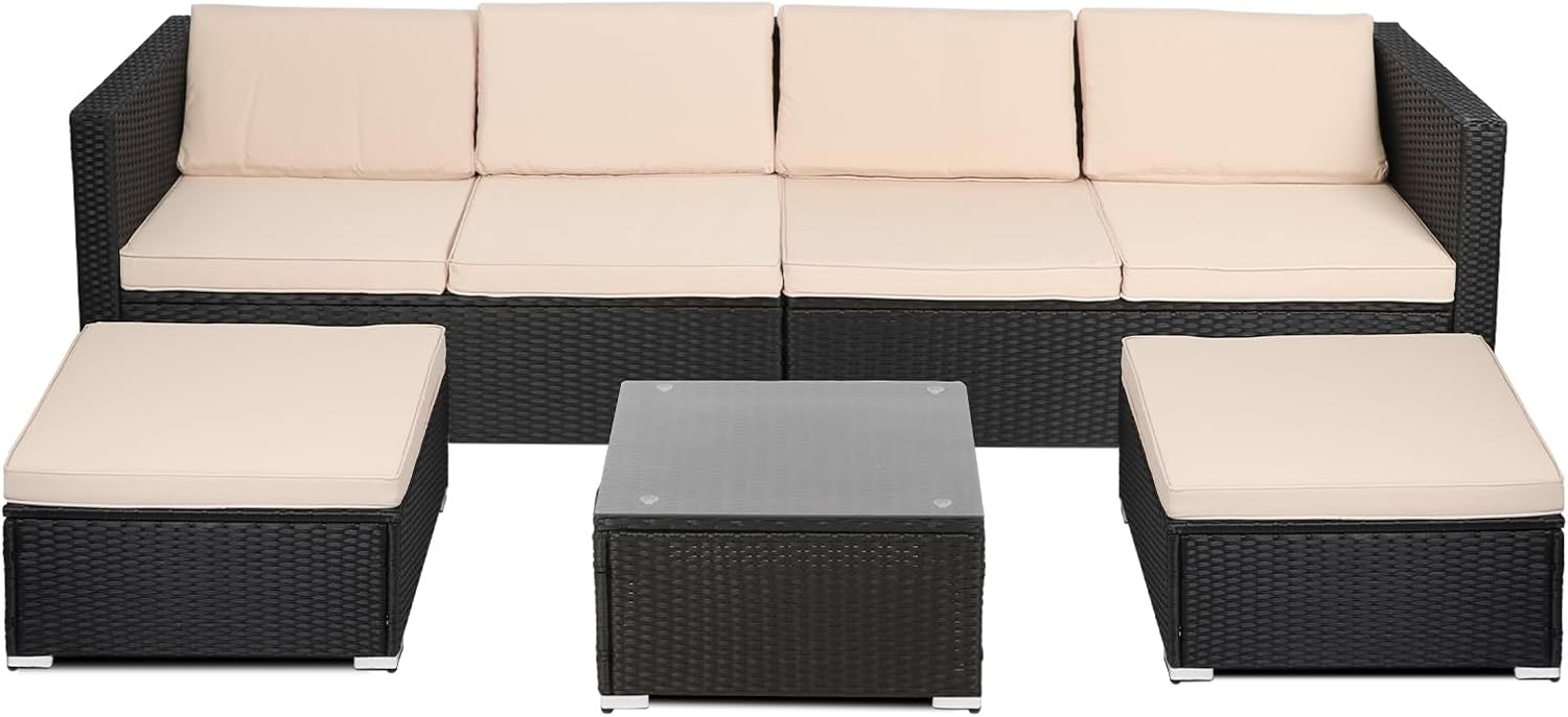 Panana 6 Seater Rattan Garden Furniture Set, Wicker Patio Lounge Sofas with Table Stools Sectional Modular Combination for Conservatory Outdoor Balcony (Black Rattan with Beige Cushions)