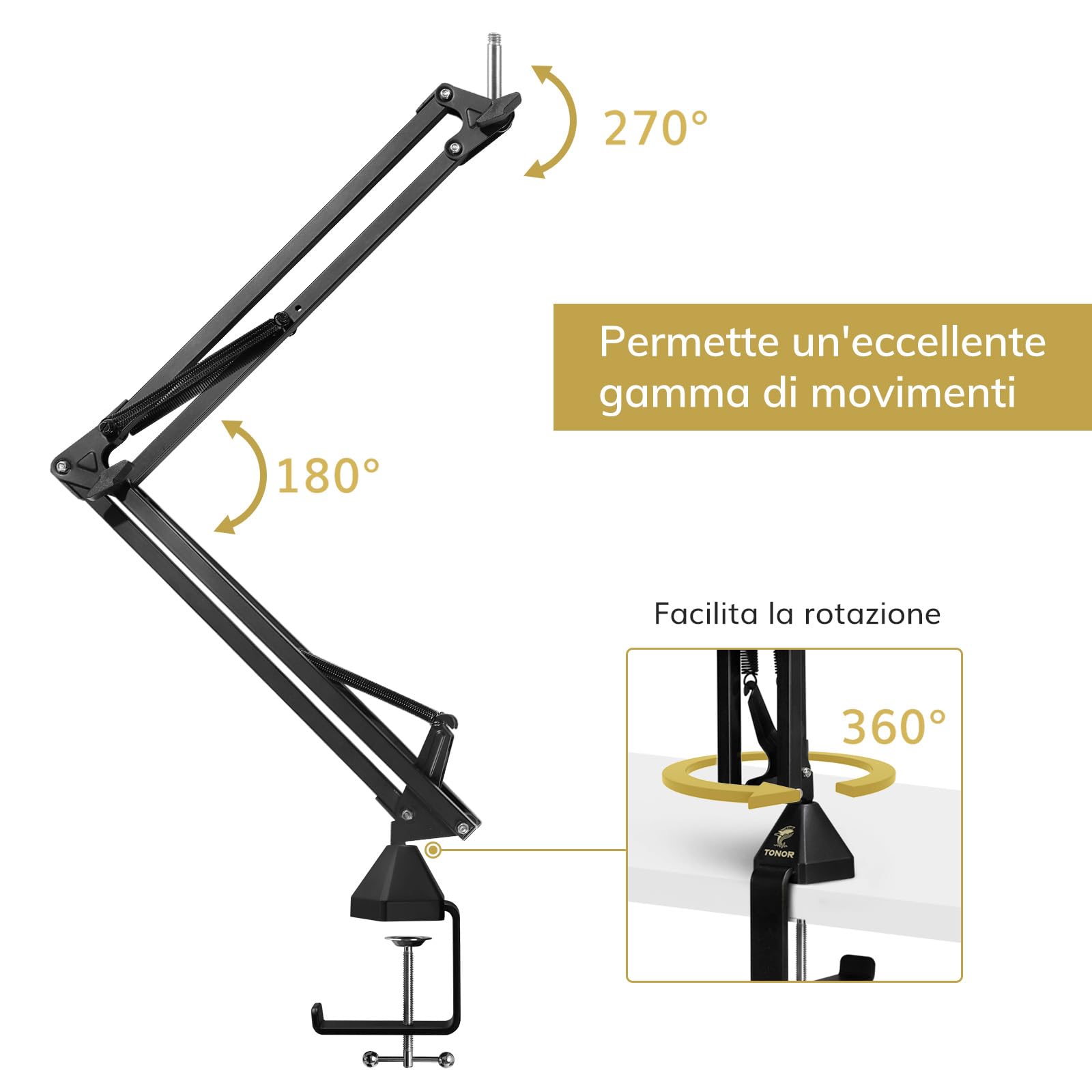 TONOR Braccio per Microfono Regolabile con Filtro Anti-Pop, Adattatore da 3/8" a 5/8", Clip per Microfono, Morsetto Resistente, Ideale per Podcast, Streaming, Giochi, Telelavoro, 35 cm +35 cm, T20