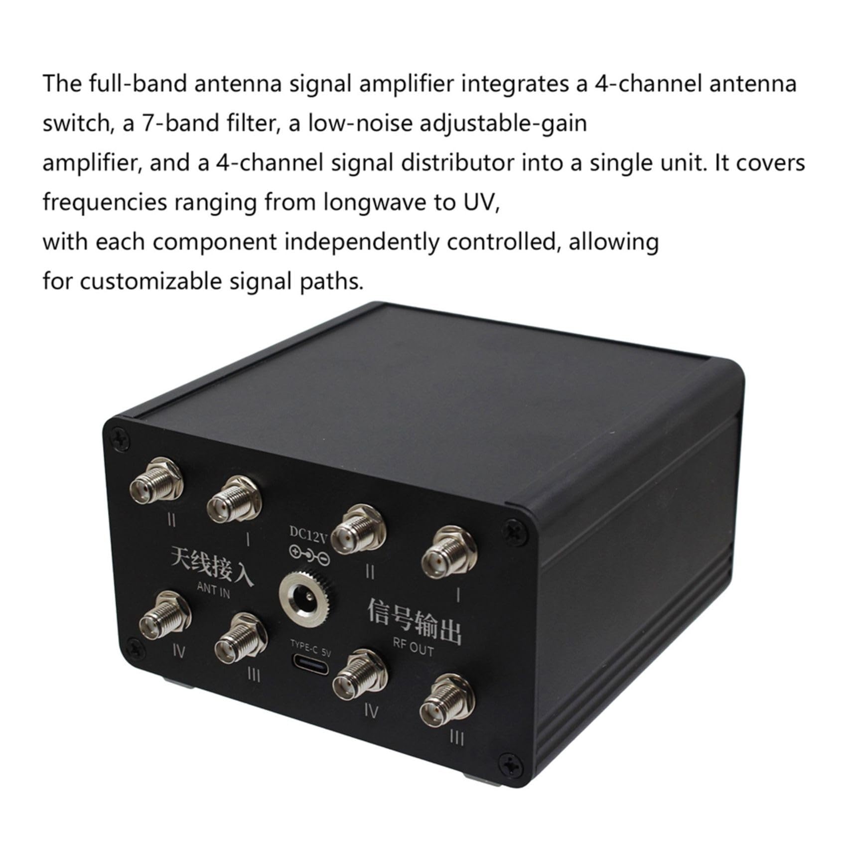 Amplificador de Señal de Antena de Banda de 4 Canales, 30 KHz-650 MHz, Bajo de Ruido, Ganancia Ajustable