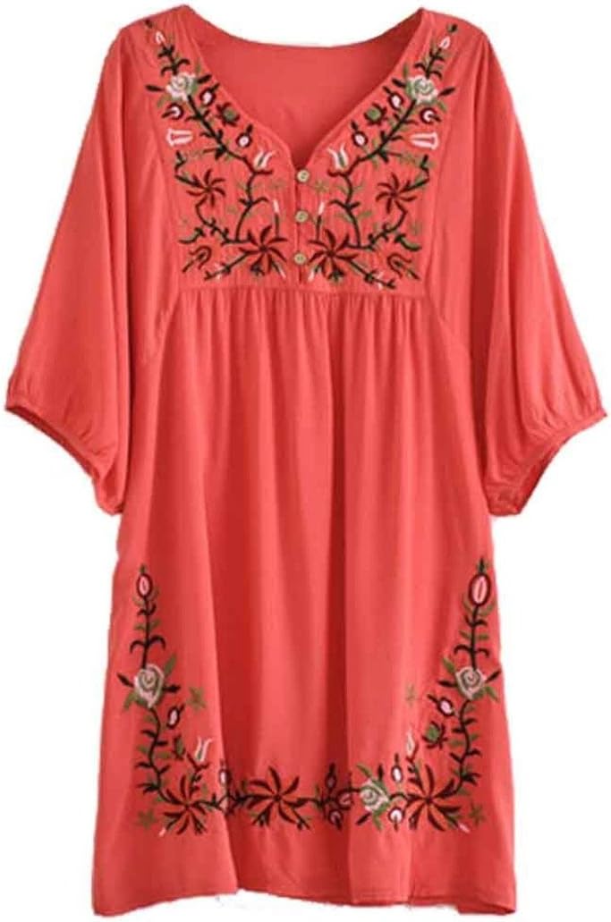 Kafeimali Summer Dress V Neck Mexican Embroidered Peasant Women's Dressy Tops Blouses
