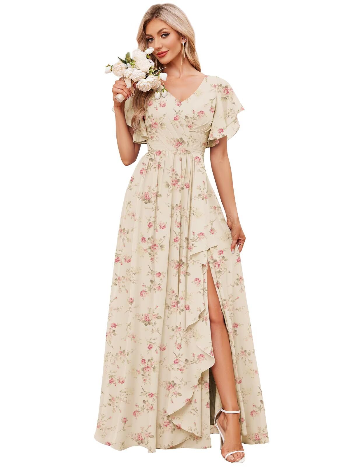 Bolodoo Women's V Neck Short Sleeve Bridesmaid Dresses for Wedding Ruffled Chiffon Evening Formal Gown