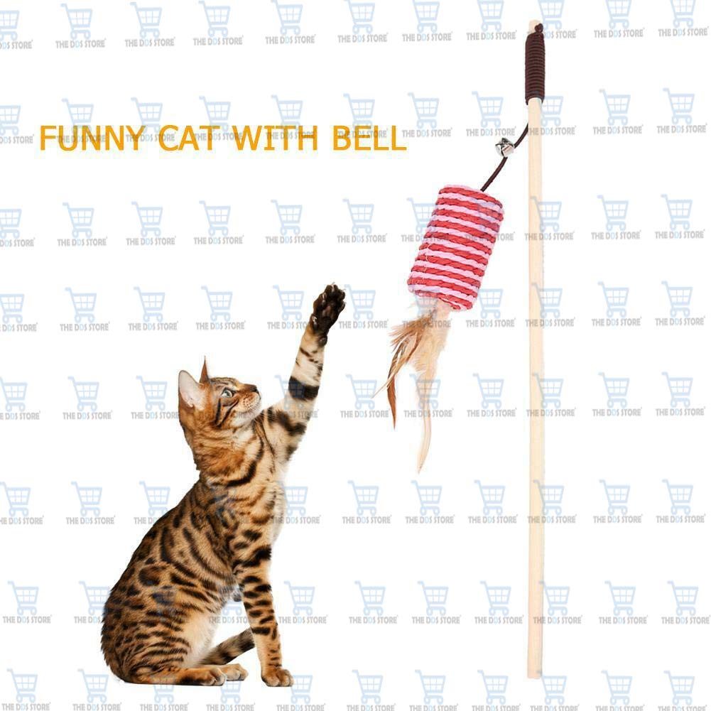 Cat Long Interactive Toy Feather Teaser Wand with Bell - Colour May Vary on a Stick