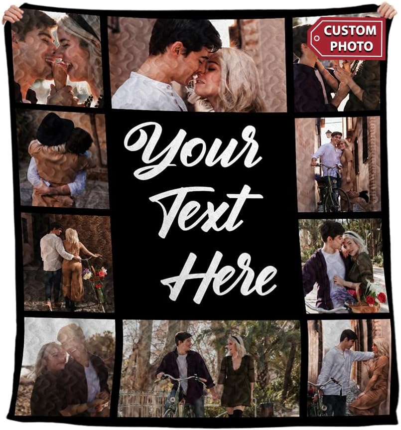 Custom Photo Quilt Gift Bed Throw Personalized Photo and Text Fleece Quilts Blanket, Grandmom All Season Quilt Bedding Unique Gift for Family Friends Kids Full Size Queen (10 Photo)