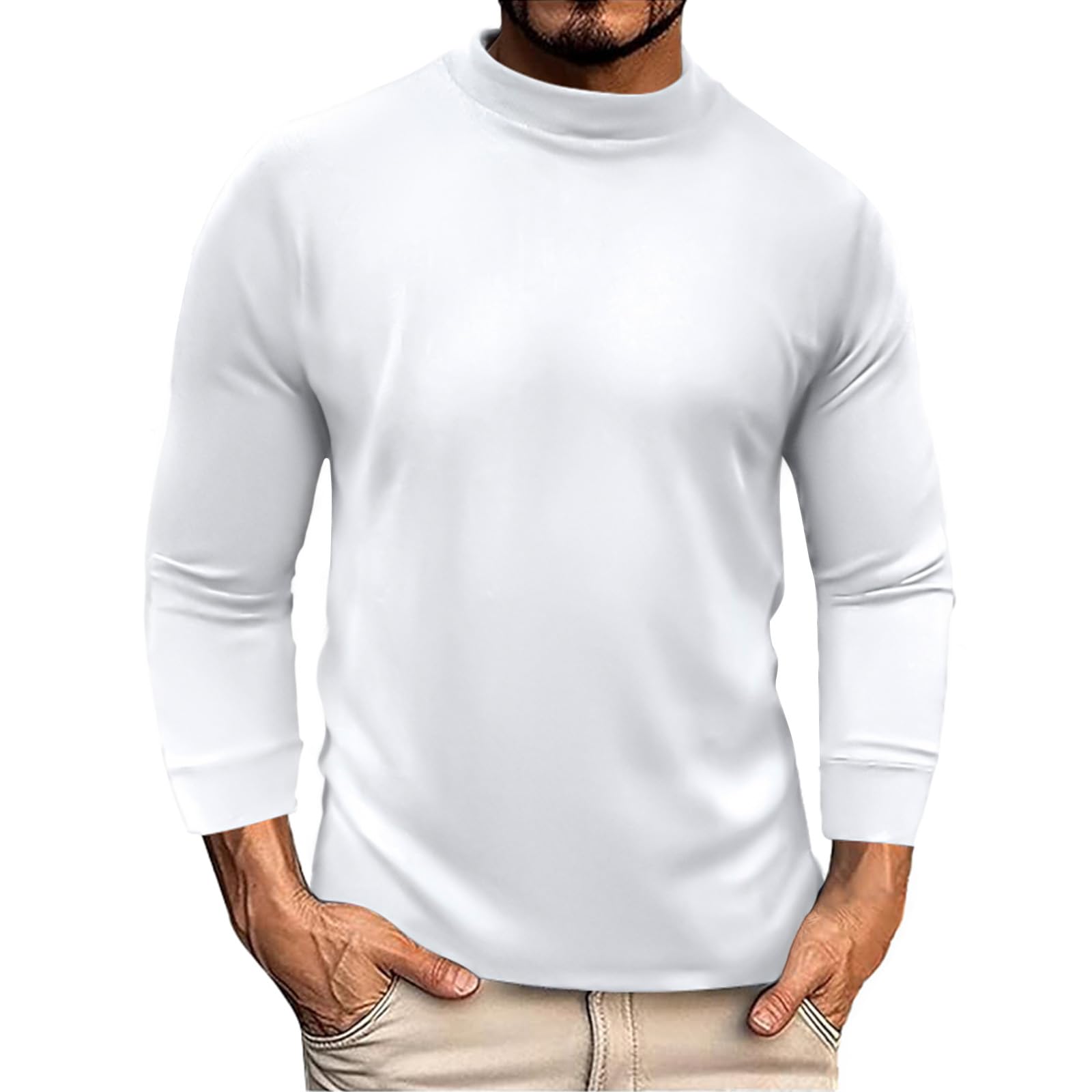 Photo 1 of Mens Turtleneck Long Sleeve Casual Pullover Basic Lightweight Comfortable Soft Knitted Thermal Undershirt Tops Large White