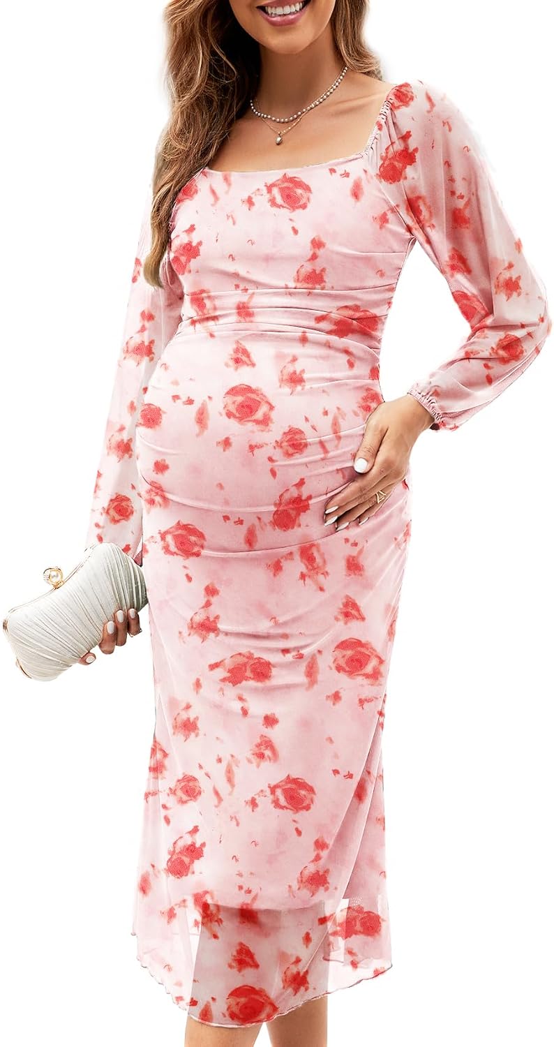 CYCLAMEN Mesh Maternity Dress Cocktail Wedding Guest Baby Shower Pregnancy Shoot Summer Pastel Floral Sparkly