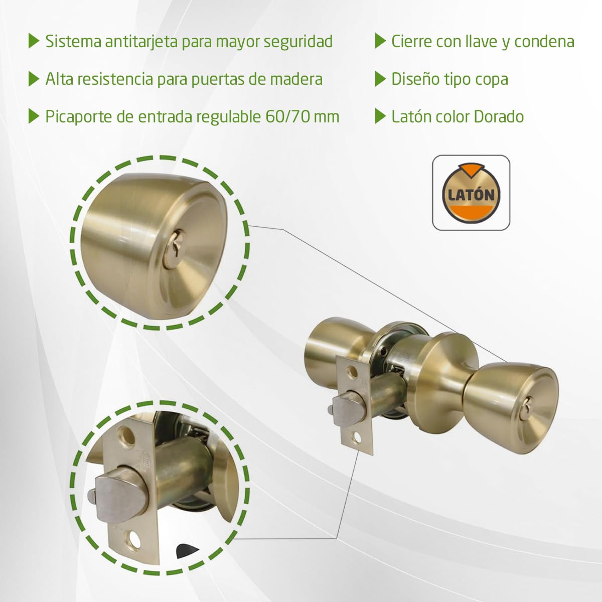 Amig - Juego de Pomos para Puerta de Entrada Interior - Para Puertas de Madera 35‑45 mm - Picaporte 60/70 mm con Condena Interior - Instalación con Agujero Ø54 - Latón Mate - Mod. 600