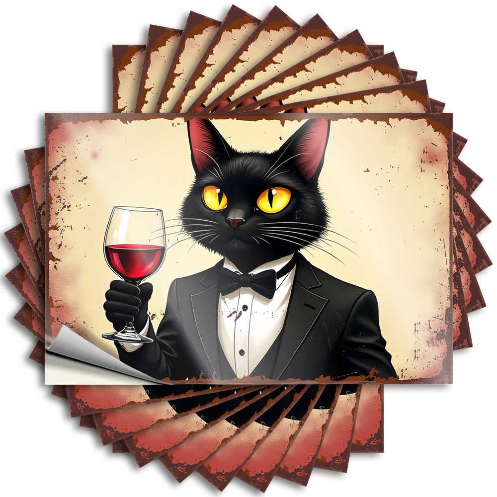 Men Cave Decor Teens Tattoo - A Dapper Cat in Tuxedo Holding A Glass of Red Wine Cover Waterproof Vinyl Sticker(12X18CM)