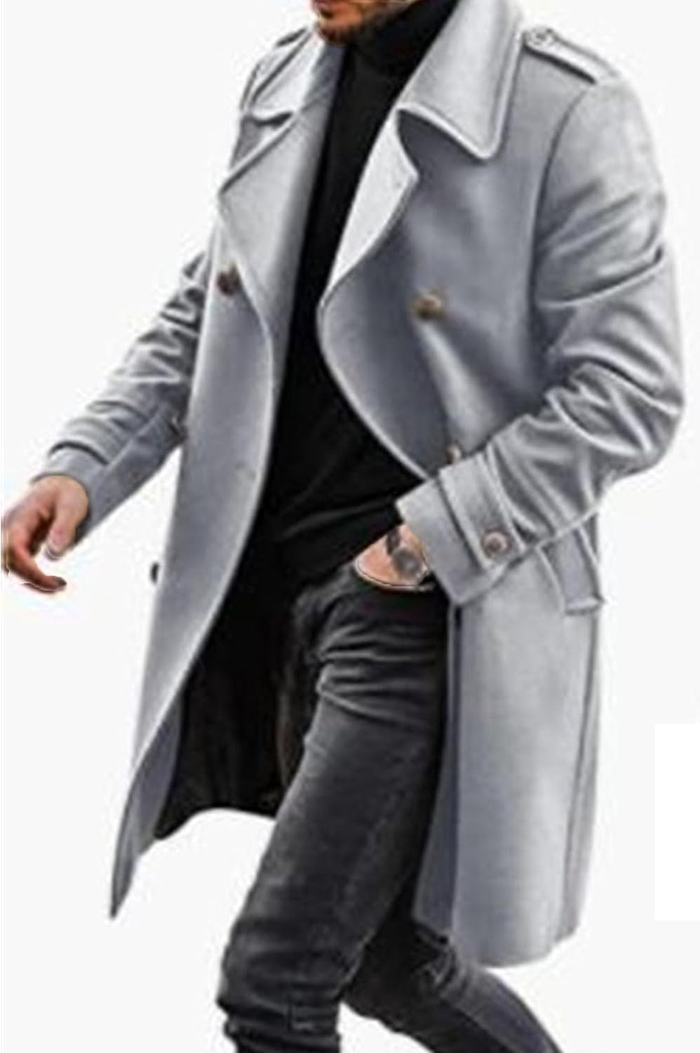 Men's Notch Lapel Trench Overcoat Long Jacket Single Breasted Overcoats Winter Warm Slim Fit Wool Pea Coat