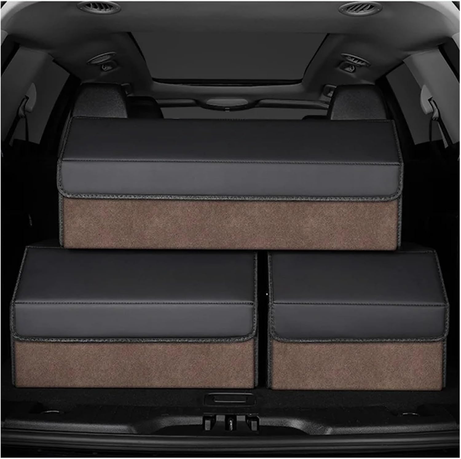 Premium Suede Car Trunk Organizer - Light Luxury Foldable Storage Box for Stowing & Tidying | Interior Auto Accessories for SUV/Sedan | Elegant Vehicle Solution (Beige/Charcoal)(CS:38X32X29cm)