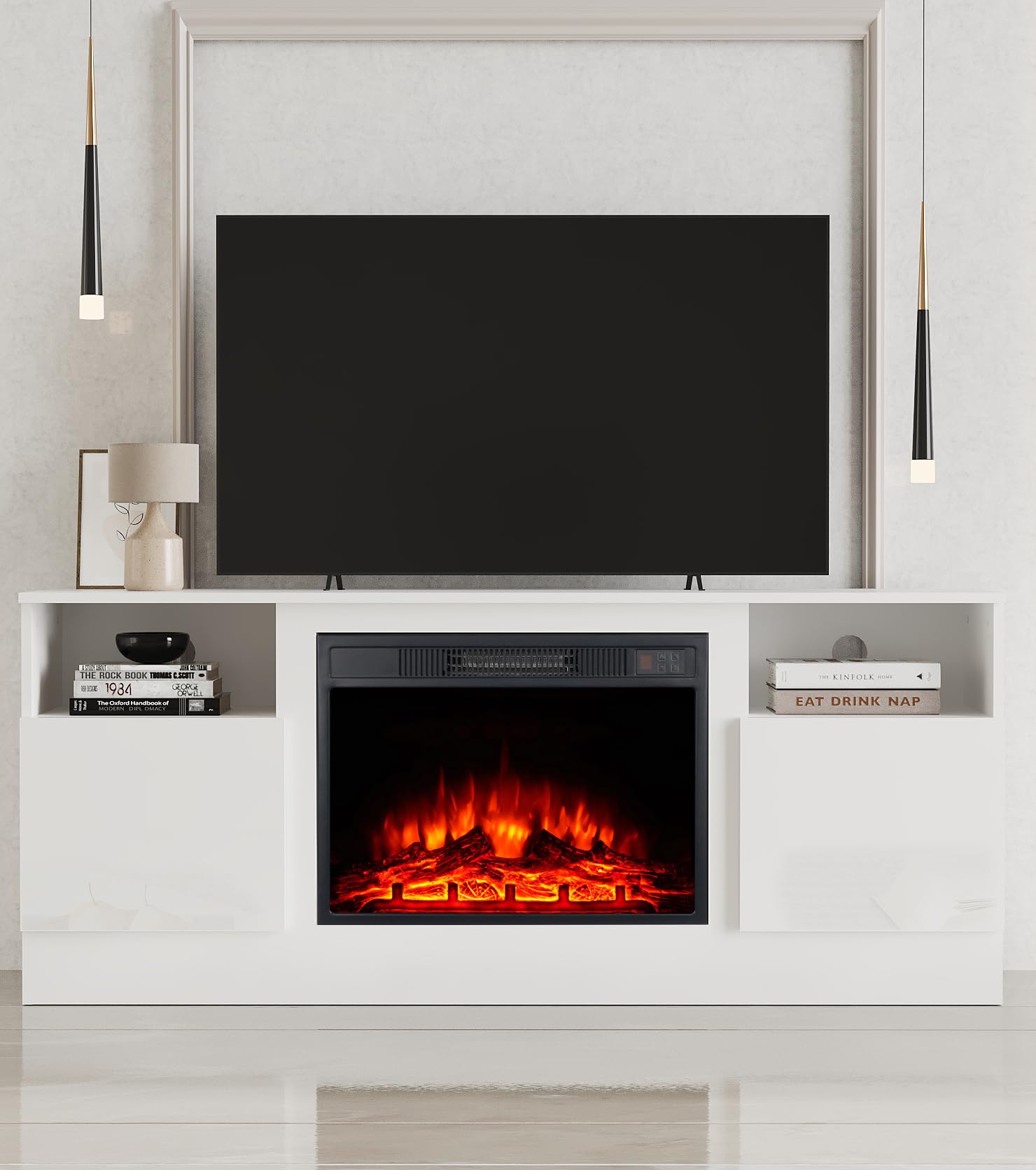 MachenFlame Insertar Chimenea eléctrica TV Stand,Centro de Entretenimiento Mesa Consola con LED Realista Efecto Llama Pantalla,Botón y Mando a Distancia,23" Chimenea (Blanco, 147.3CM)
