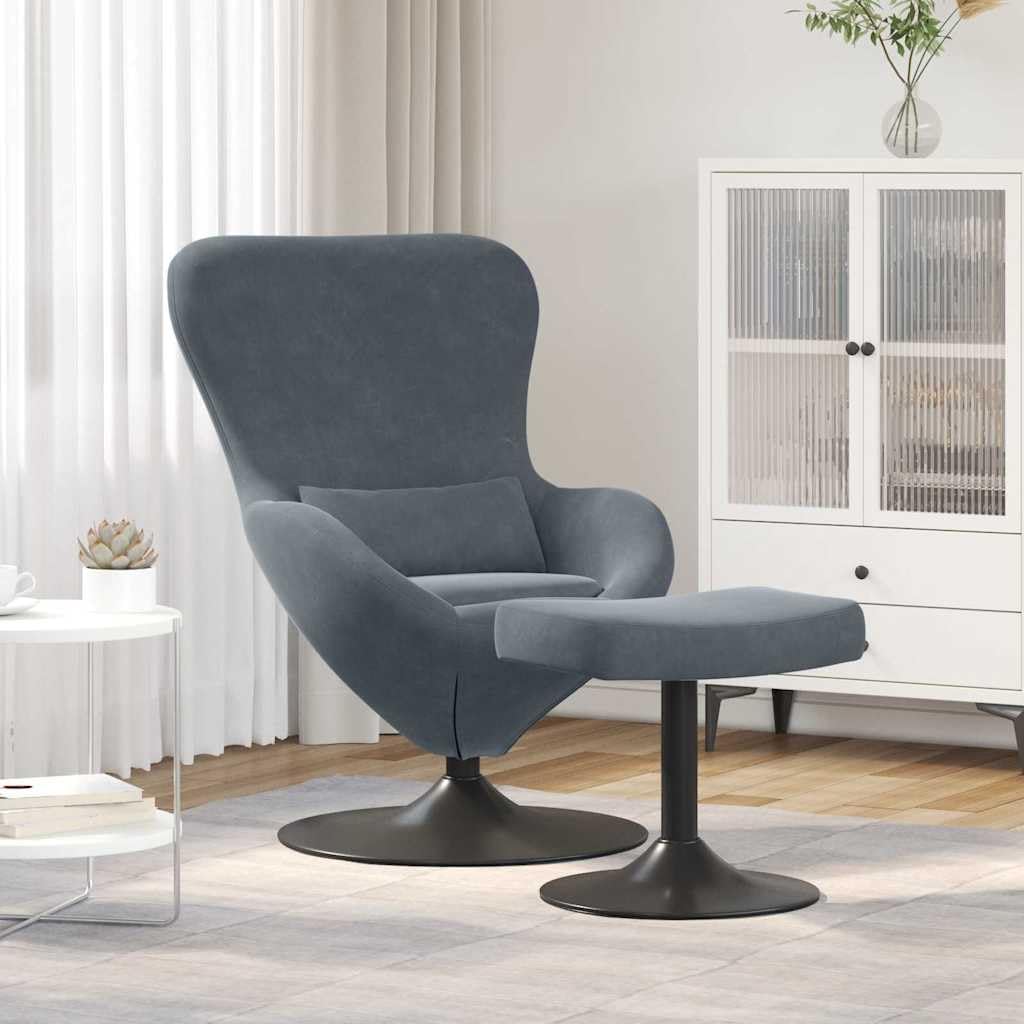 Fauteuil œuf gris foncé en velours avec pouf assorti pivotant à 360 degrés