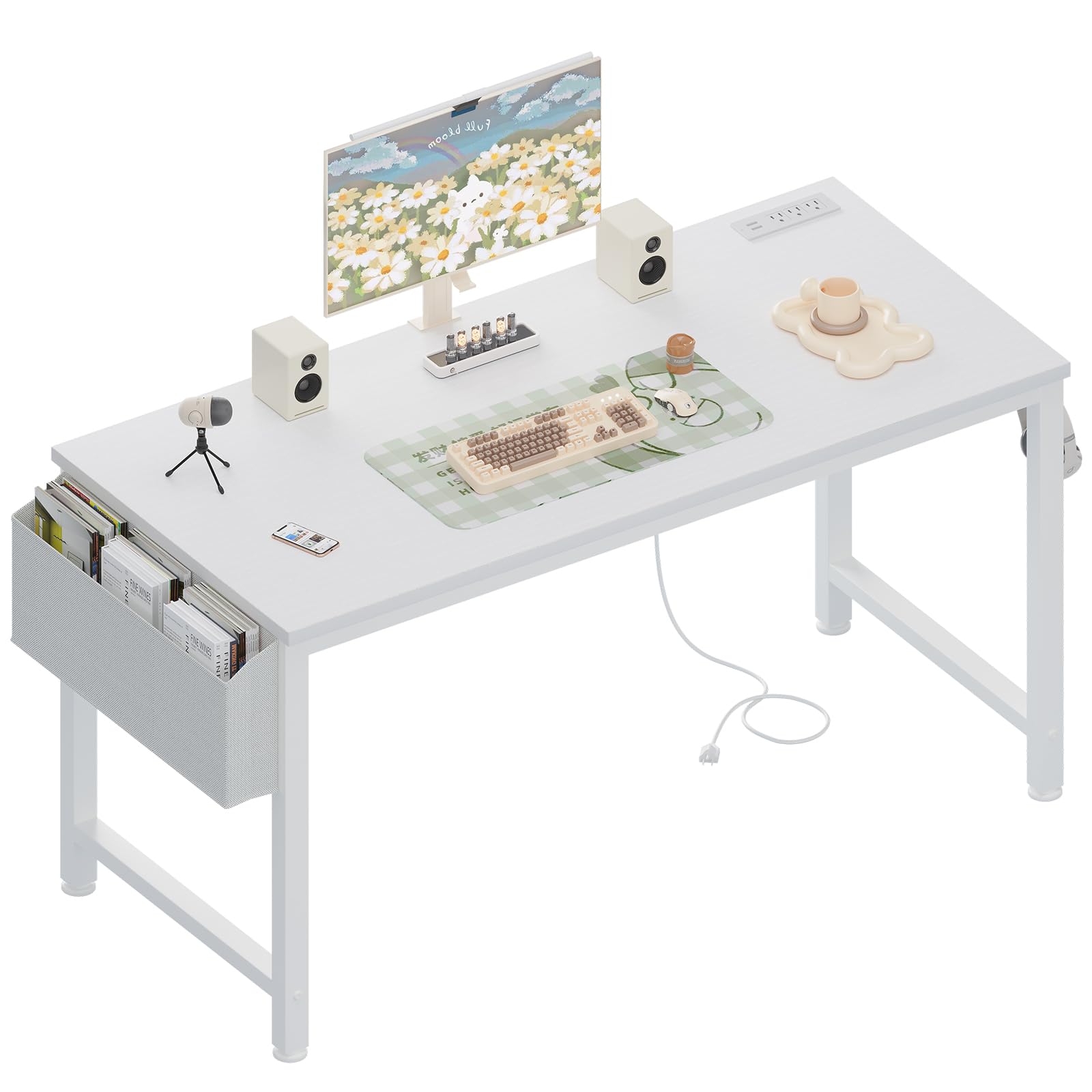 Lufeiya White Computer Desk with Power Outlet, 47 inch Teen Study Table Home Office Work Writing Gaming Desks with Charging Station Outlets Built in, White