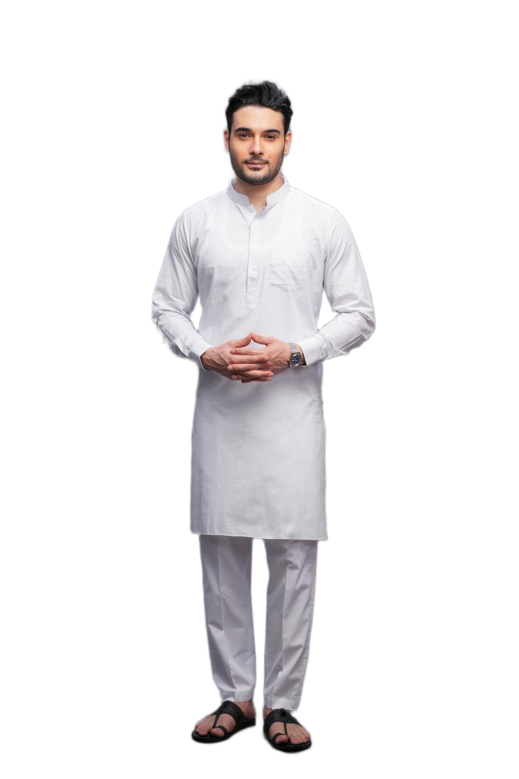 mashroo Men Kurta Pajama Set White S Cotton Stripe with Pajama for Weddings and Festivals, Band Collar-picture-26