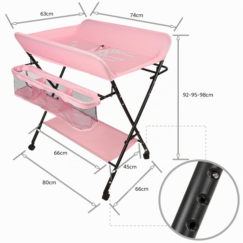 Table à Langer Pliante avec Panier de Rangement à Côté Structure en Fer Charge Max 25KG pour Nouveaux-Nés Design Ergonomique,Table à Langer Pliable et Portable-80 * 66 * 98cm (rose foncé)