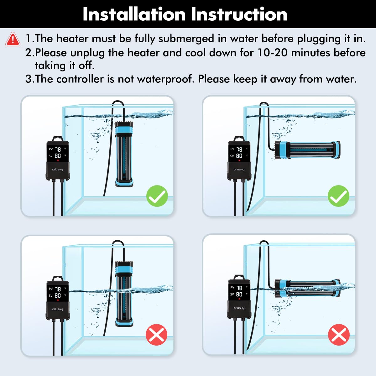 Orlushy Calentador sumergible de acuario de 800 W, calentador de pecera ajustable con controlador externo de pantalla digital, protección contra sobrecalentamiento y termómetro gratuito para tanque de
