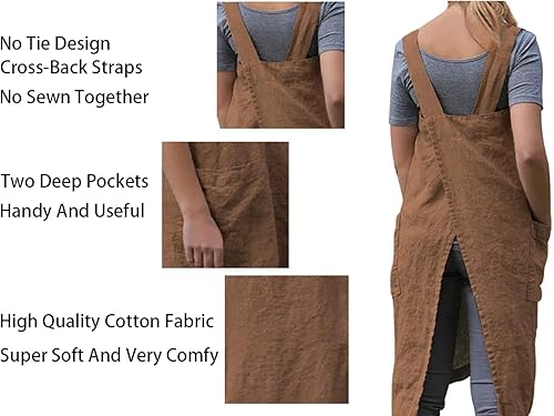 Miniatura 10 de Delantal Pinafore con espalda cruzada con bolsillos, delantal de lino y algodón, talla grande