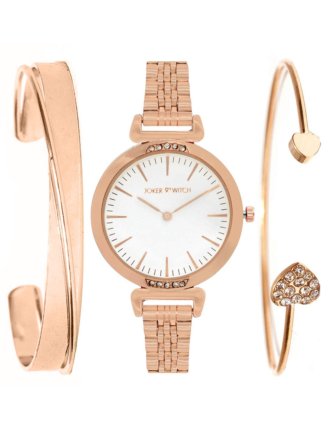 Stainless Steel Peace Rosegold Analog Watch Bracelet Set For Women, White Dial, Rose Gold Band
