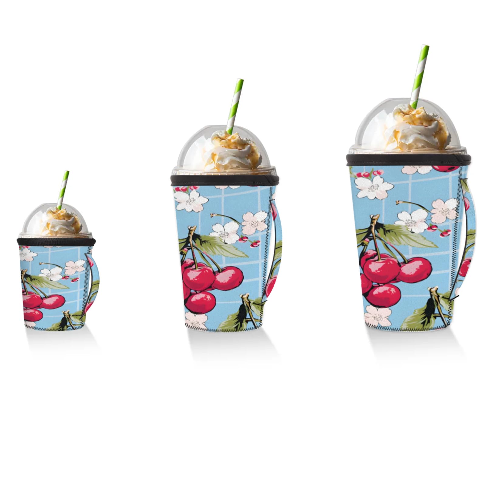 Grid Cherries Reusable Neoprene Coffee Sleeve with Handle Insulated Iced Coffee Cup Holder Reduces Condensation Fits 24-28 oz Cups M