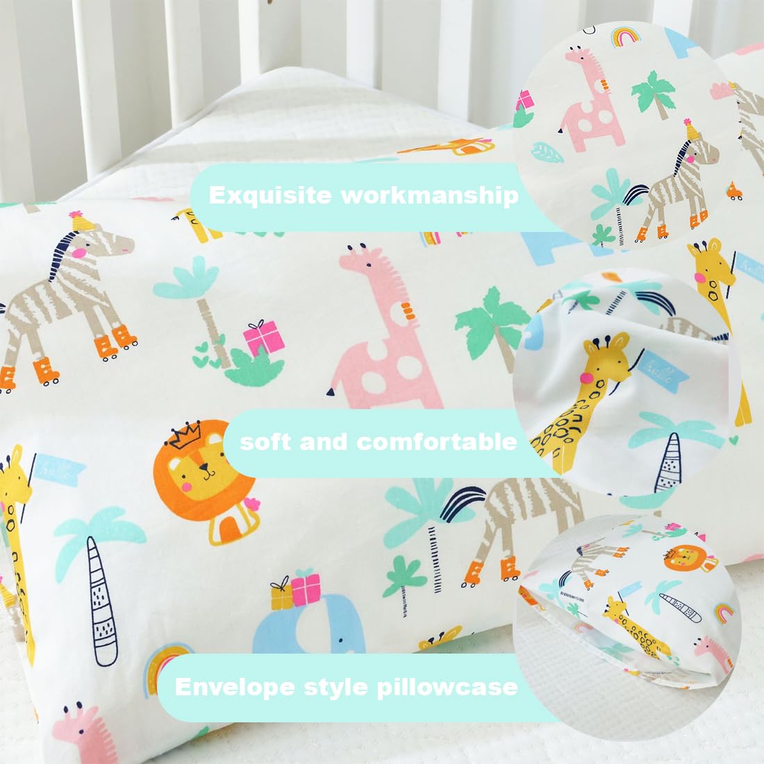 IKOPFLN Taie d Oreiller, Taie d'oreiller Bébé, Taie d'oreiller Bébé 30x50 Tête Animal 100% Pur Coton Fermeture à Rabat Lavable en Machine pour Oreiller de Berceau D’Enfant, 2 pièce