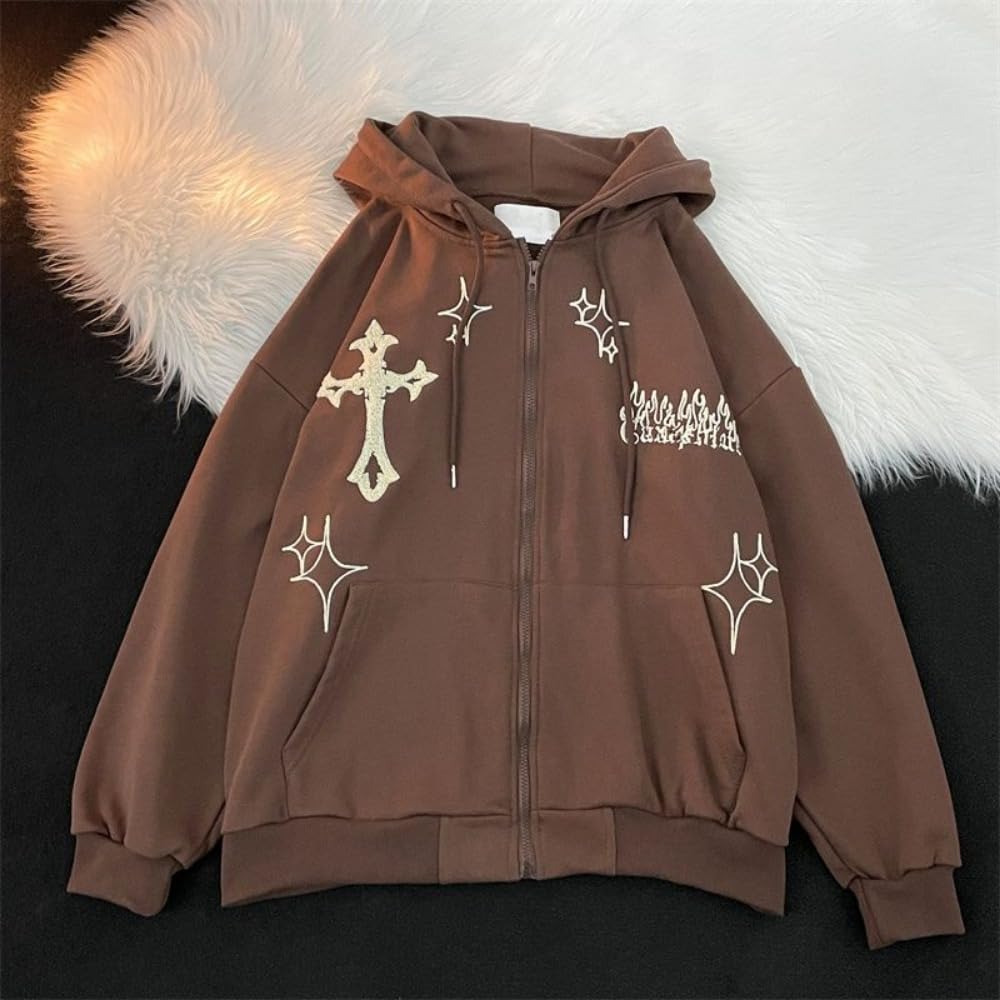 Y2k Felpa con cappuccio gotica da uomo e donna con zip e ricamo incrociato grafico abbigliamento estetico streetwear