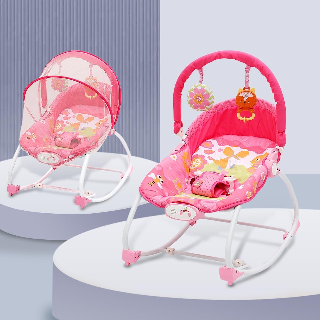 INFANTSO Baby Rocker & Bouncer for 0 to 2 Years, Portable Chair for Newborn with Mosquito Net, Calming Vibrations, Soft Music & Hanging Toys, Adjustable Toddler Swing (Pink)-image-47
