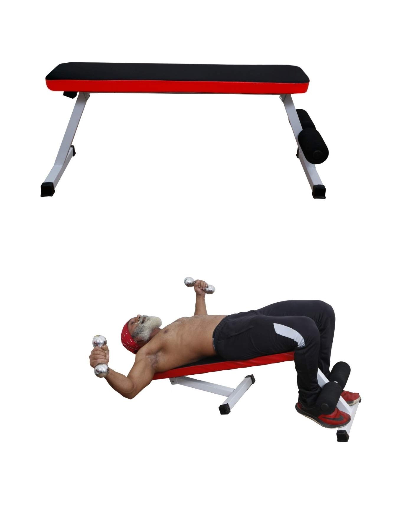 ALLYSON FITNESS Folding Heavy Duty Exercise Flat Bench for Weight Strength Training, Sit Up (400+ kg Capacity) Black / Red