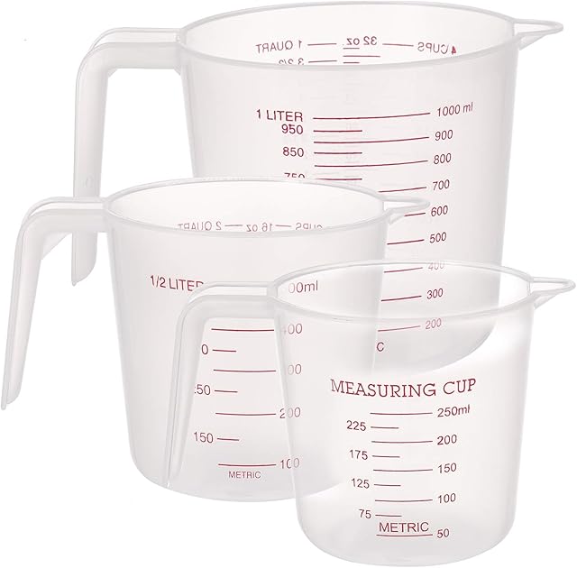 Firtink 3 Pcs Plastic Measuring Jug Baker Set, 250ML/500ML/1000ML, Plastic Measuring Cup with Handle, BPA-Free Measuring Jug for Baker Kitchen, Clear&Easy to Read Measurements - No Dishwasher