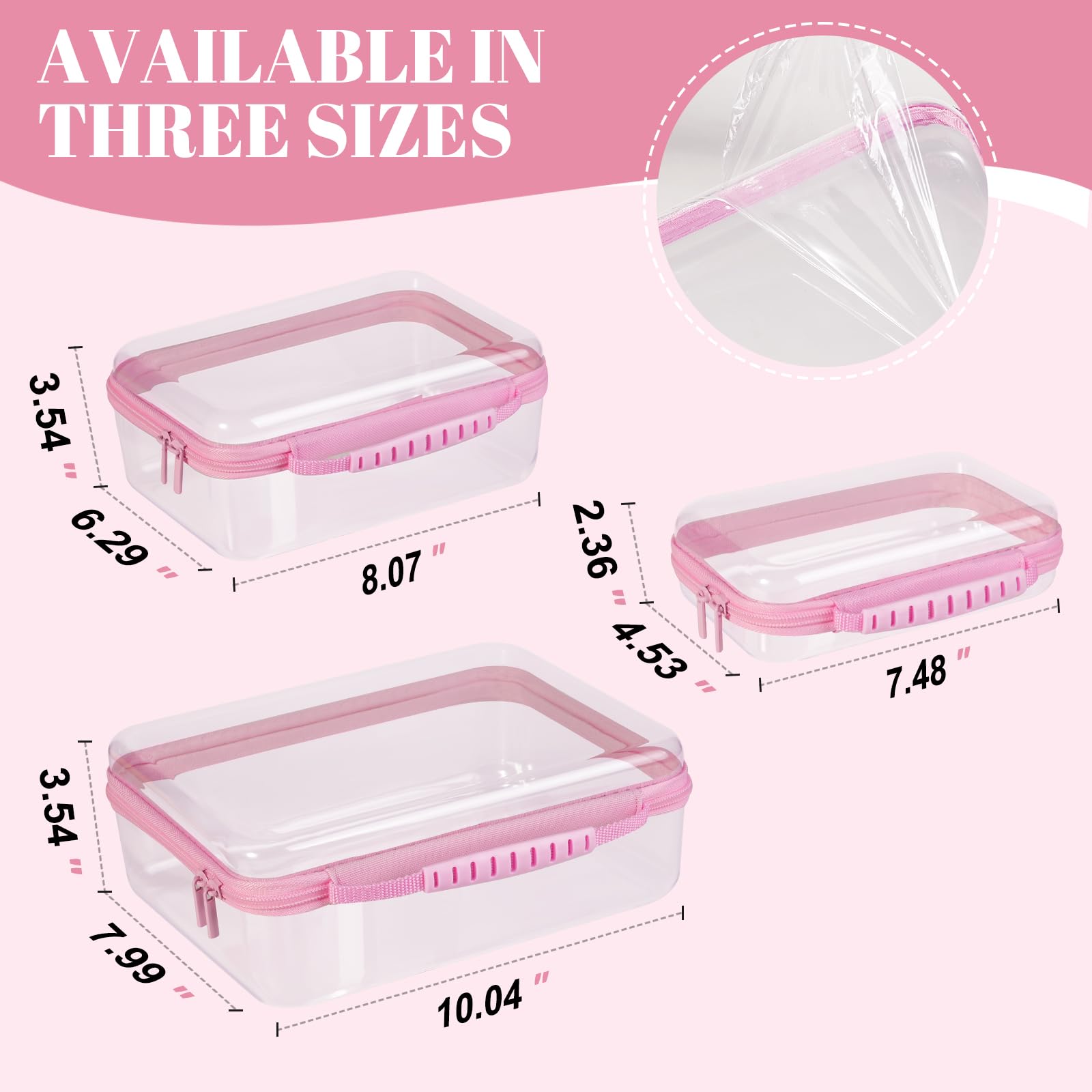 Transparente Hartschalenhülle mit Reißverschluss, Kunststoff, tragbar, wasserdicht, für Snacks, Spielzeug, Windeln, Reisen, Rosa, 3 Stück